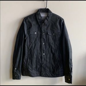 Black denim jacket with faux leather sleeves